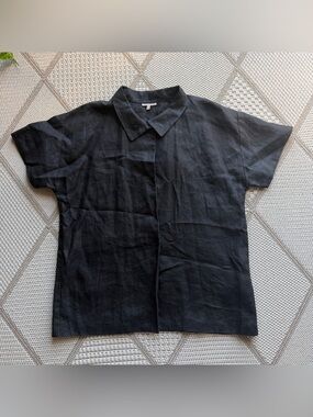 VTG Emerson Made black linen short sleeve boxy shirt men M USA classic